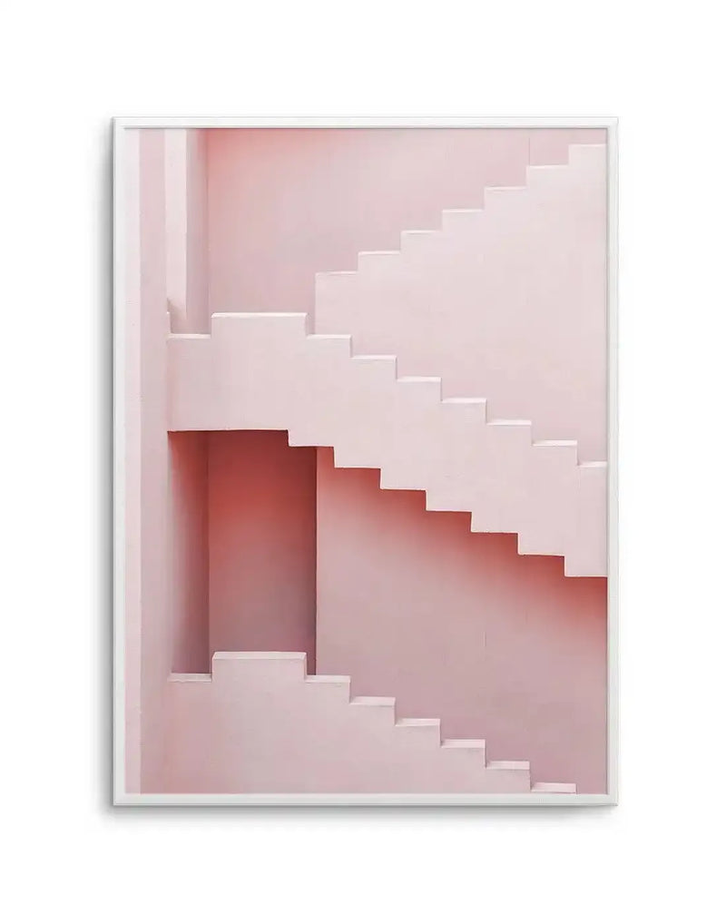 Architectural photography art print featuring a minimalist composition of staircases and walls in varying shades of dusty rose and blush pink, creating a play of light and shadow. The image captures a modern, geometric aesthetic with clean lines and a serene, monochromatic palette.