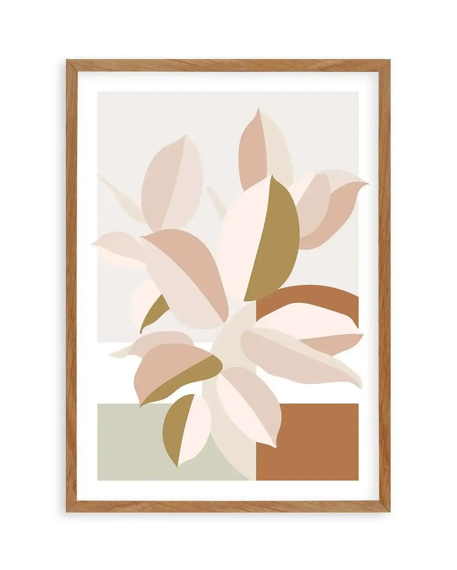 Abstract art print featuring overlapping plant leaves in shades of dusty rose, pale pink, and olive green, with some leaves split into two colours. The background includes rectangular blocks of light grey, sage green, and warm brown, all displayed in a natural oak frame with white border.