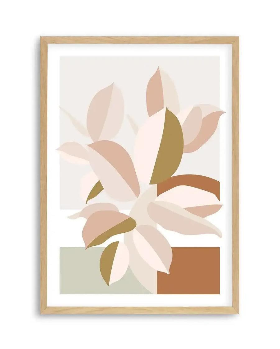 Abstract art print featuring a stylized plant with large, rounded leaves in shades of blush pink, pale cream, and olive green, set against a background of soft grey and white geometric blocks, with additional blocks in sage green and terracotta brown at the bottom. The print is displayed in a natural oak frame with a white border.