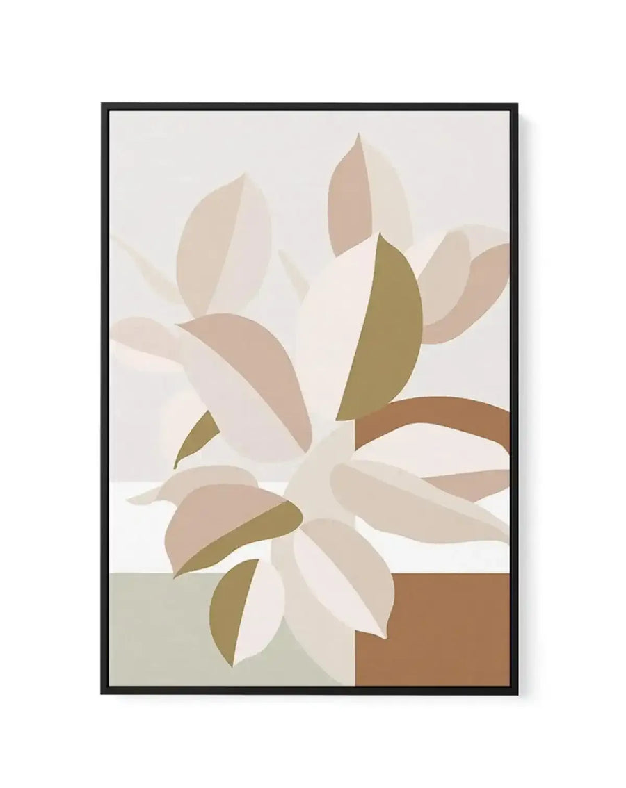 Framed canvas art print featuring an abstract floral illustration in a minimalist style. The composition shows layered botanical forms in soft, muted tones including cream, beige, taupe, and dusty sage green, with deeper brown and olive green accents. A terra cotta-colored pot is visible in the lower right corner. The artwork is displayed in a black frame with a cream-colored canvas background, creating a modern, naturalistic aesthetic with soft shadows and overlapping shapes suggesting depth and movement.