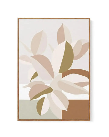 Framed canvas print featuring an abstract botanical illustration of large, overlapping leaves in muted tones of cream, pale pink, sage green, and warm brown. The composition includes geometric blocks of colour at the bottom, with the leaves appearing to grow upwards against a light grey background, displayed in a natural oak frame.