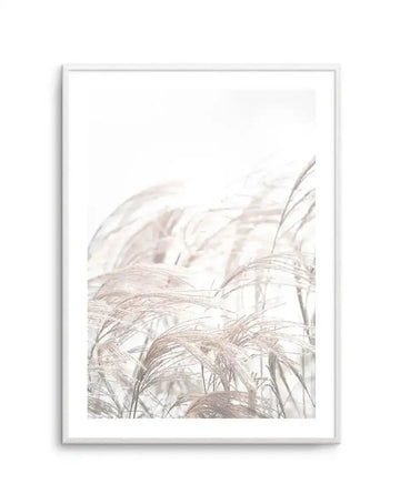 Framed art print titled "In The Breeze" featuring soft, muted botanical illustration of ornamental grasses and dried seed heads in warm taupe and cream tones against a pale background. The delicate line work and watercolor-style rendering captures graceful, windswept movement. White wooden frame with white border.