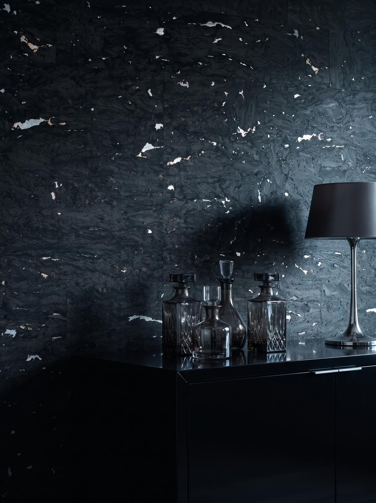 ink black silver cork wallpaper bar wallcovering