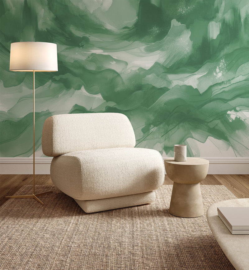 Ink Wash in Dark Green Wallpaper Mural from Olive et Oriel where you can shop wallpaper and artworks online
