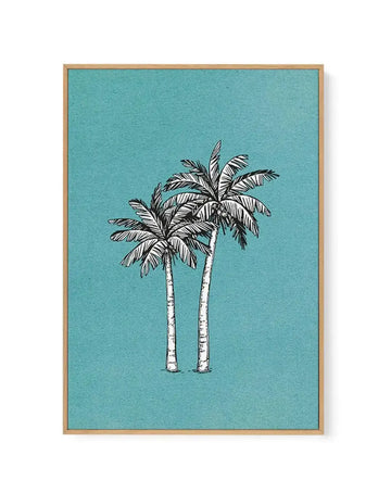 Framed canvas art print featuring two tall palm trees with white trunks and detailed line-drawn fronds against a solid turquoise background. Natural wood frame with light tan finish. The illustration style uses black ink with fine cross-hatching details on the palm leaves, creating a botanical sketch aesthetic. Vertical composition centered on the canvas. Matte finish on the turquoise ground provides subtle texture. Minimalist tropical design suitable for coastal or contemporary décor.