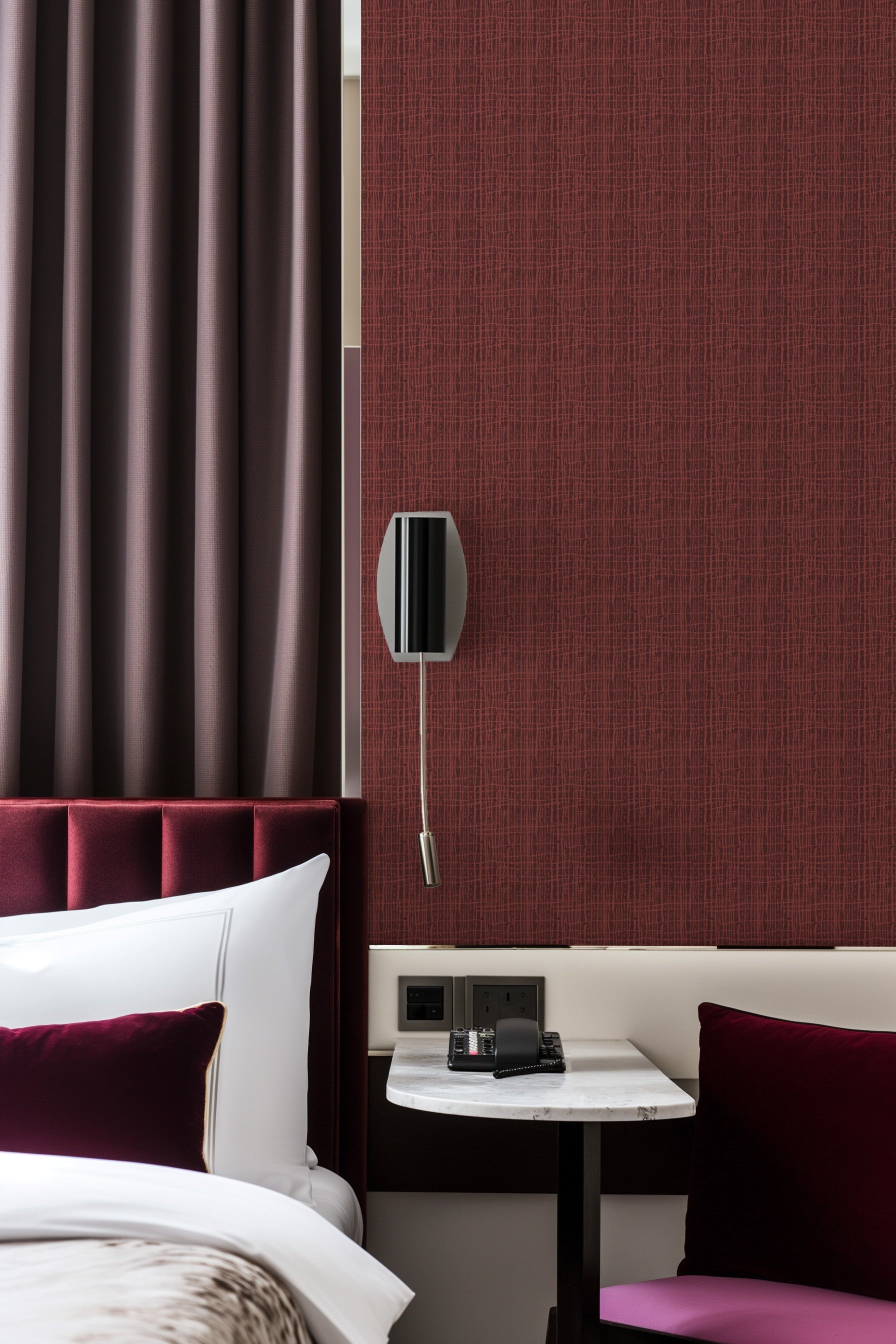 Java in Maroon Commercial Vinyl Wallcovering-Commercial Wallcoverings-Olive et Oriel-Luxury commercial-grade embossed and textured vinyl wallcovering durable fire-rated washable stain-resistant and customizable perfect for hotels offices retail childcare healthcare and hospital spaces vinyl wallpaper