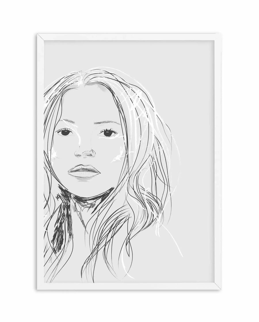 Line drawing portrait of a woman with long, wavy hair and defined facial features, rendered in black ink on a light gray background. The sketch-style artwork captures her face in a three-quarter view with expressive eyes and neutral expression. The piece is framed in a white wooden frame with a white border, presented as a vertical art print.