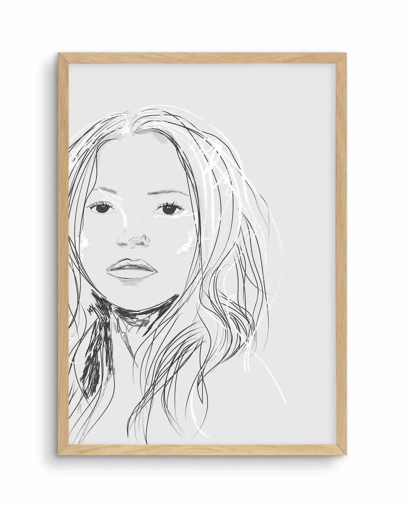 Line drawing portrait of a woman with long, wavy hair and defined facial features, rendered in black ink on a white background. The sketch style is loose and expressive, with varied line weights creating depth and movement, particularly in the hair. The subject gazes directly forward with a neutral expression. The artwork is displayed in a natural wood frame with a white border.