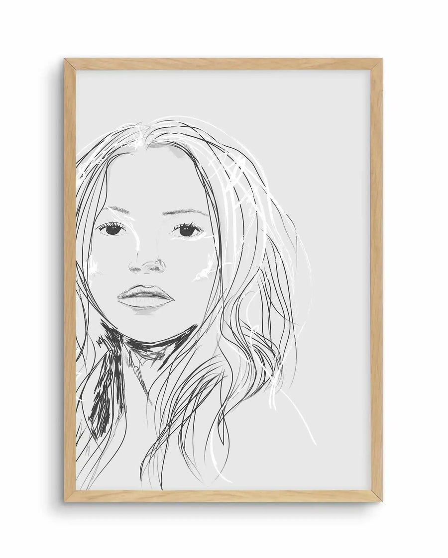 Line drawing portrait of a woman with long, wavy hair and defined facial features, rendered in black ink on a white background. The sketch style is loose and expressive, with varied line weights creating depth and movement, particularly in the hair. The subject gazes directly forward with a neutral expression. The artwork is displayed in a natural wood frame with a white border.