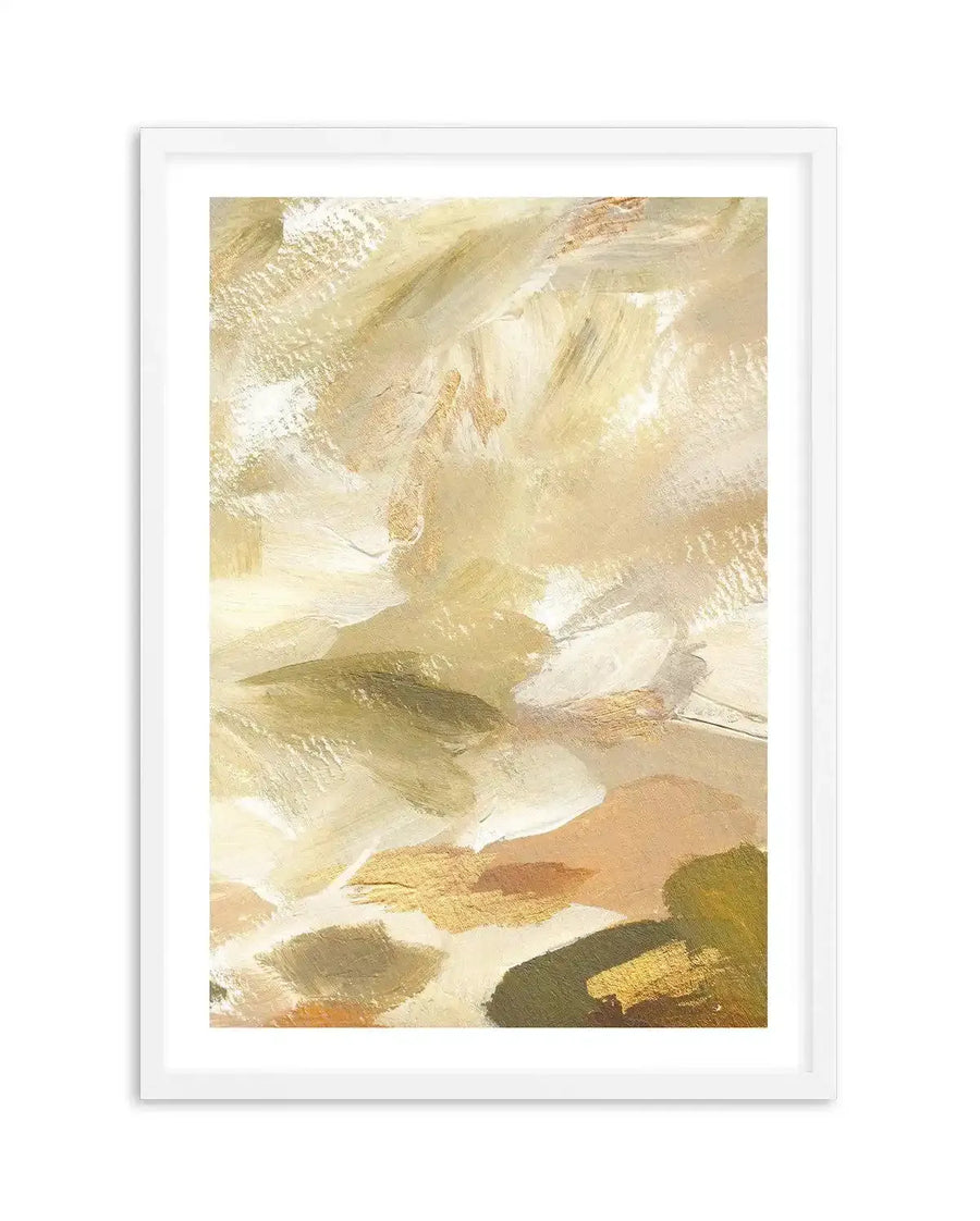 Khaki Luxe I Art Print displayed in a white frame with white border. Abstract composition featuring layered brushstrokes in warm earth tones including cream, pale yellow, soft gold, tan, olive green, and warm brown. Organic, gestural paint marks create a sense of movement and depth across the vertical rectangular canvas. The style appears to be contemporary abstract with an impressionistic quality, evoking natural landscapes or atmospheric scenes. Matte finish with visible brushwork texture throughout.