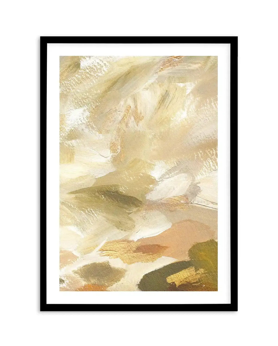 Khaki Luxe I Art Print displayed in a black frame with white border. Abstract painting featuring layered brushstrokes in warm earth tones including cream, khaki, tan, olive green, and soft gold. The composition shows gestural, organic marks with areas of texture and transparency creating depth. Paint appears applied in loose, flowing strokes suggesting movement across the canvas. Predominantly neutral palette with subtle warm undertones throughout.
