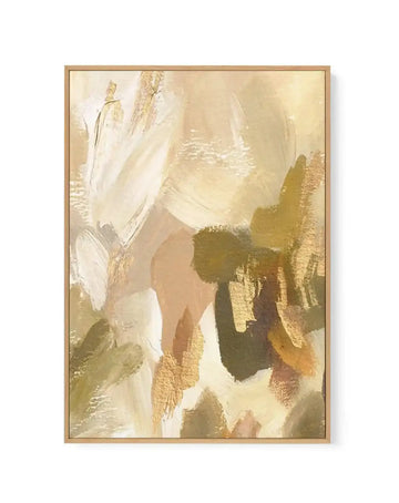 Framed canvas art print titled Khaki Luxe III featuring an abstract composition of layered brushstrokes in cream, khaki, olive green, and warm tan tones. The painting uses gestural, sweeping marks creating depth and movement across the canvas. Finished with a natural wood frame and white border.