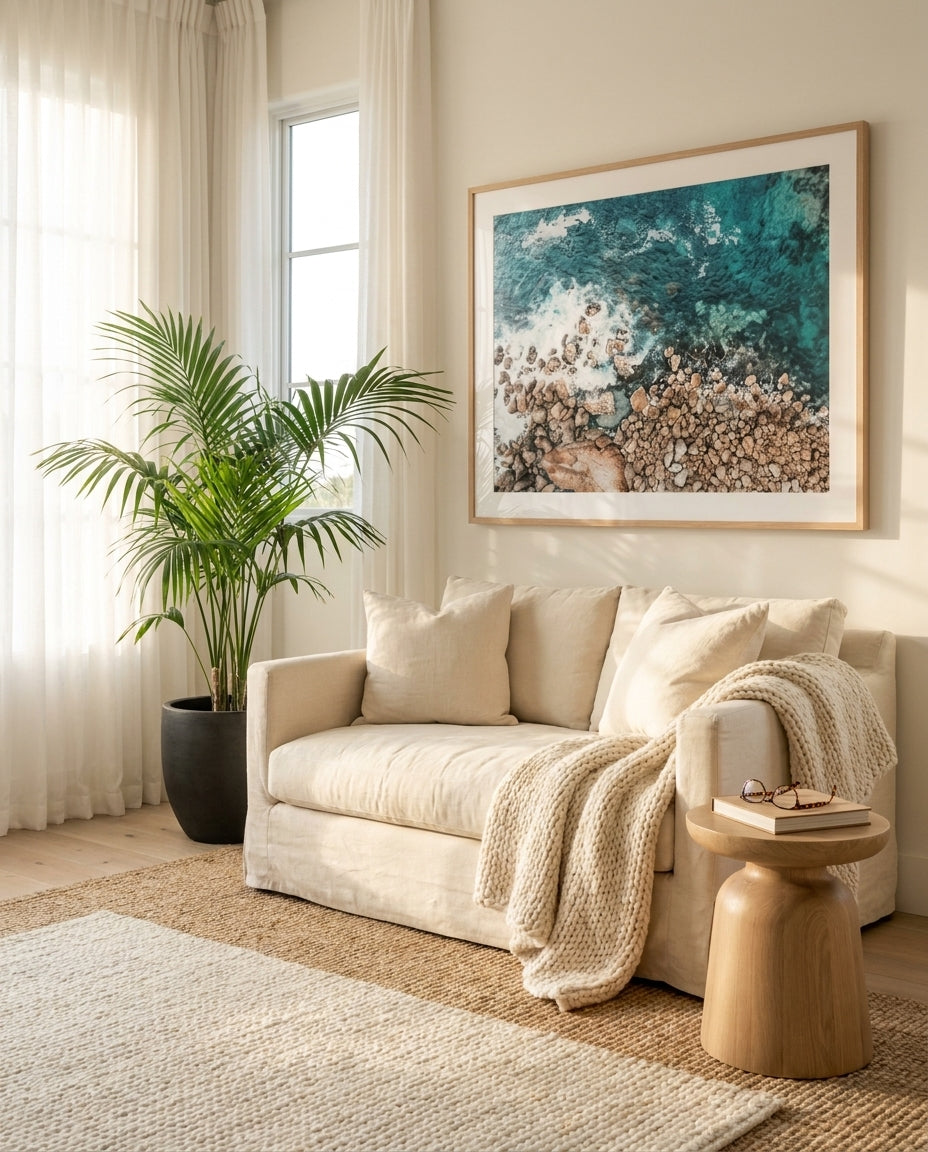 Kianinny Bay II Tathra framed photographic art print by Art of Flight Co styled extra large in a coastal Australian living space at Olive et Oriel