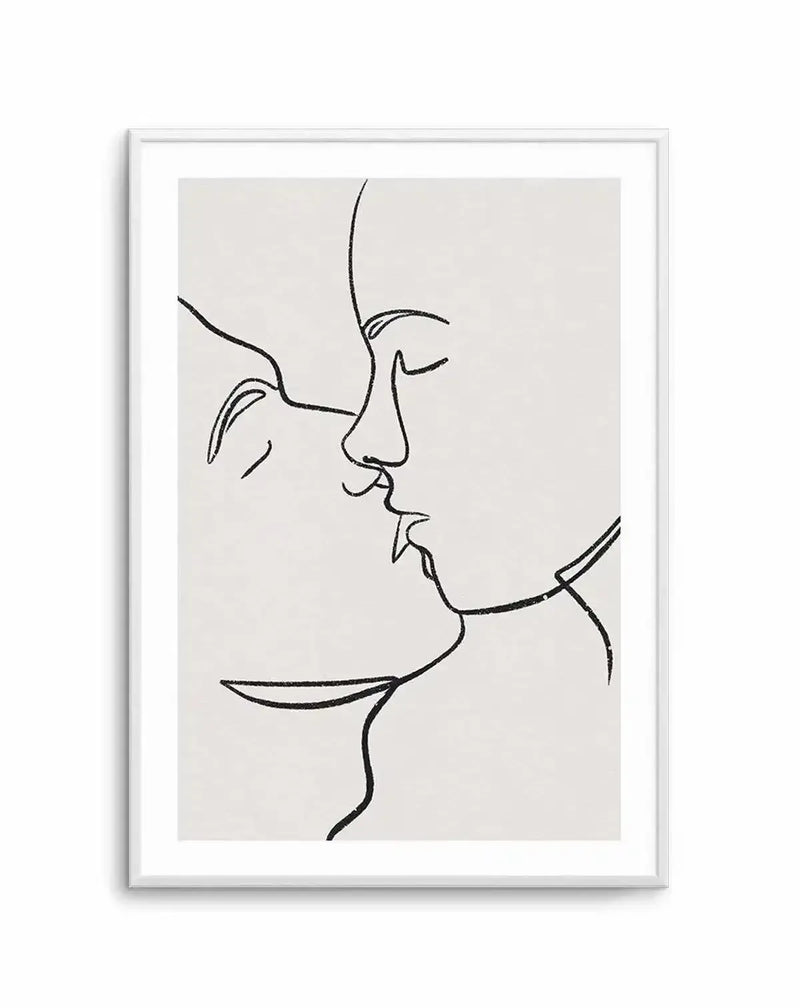 Art print featuring a minimalist line art illustration of two faces in profile, leaning in for a kiss, rendered in black on a light grey background, with a white frame and white border.