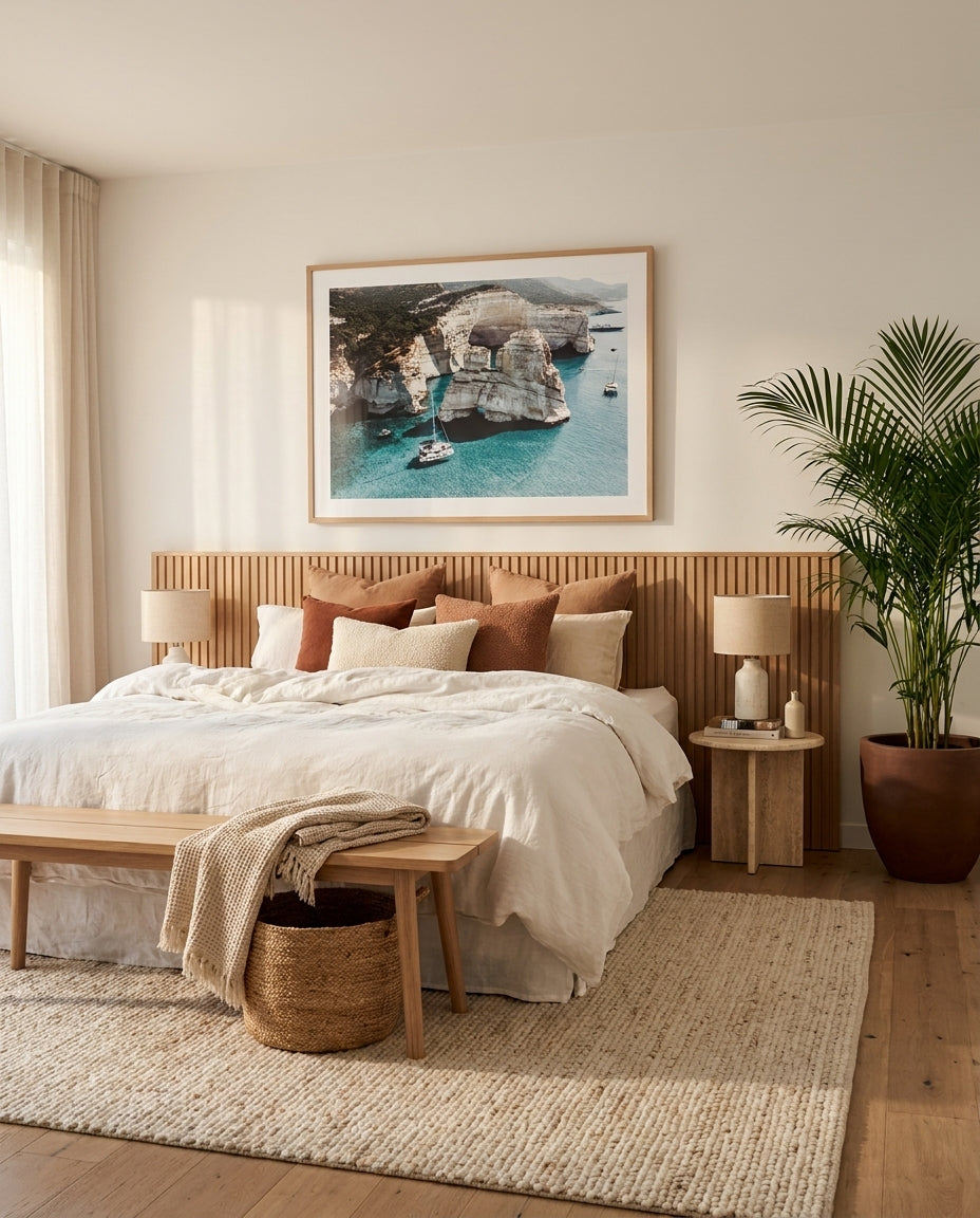 Kleftiko Milos framed photographic art print by Art of Flight Co styled extra large in a coastal Australian living space at Olive et Oriel