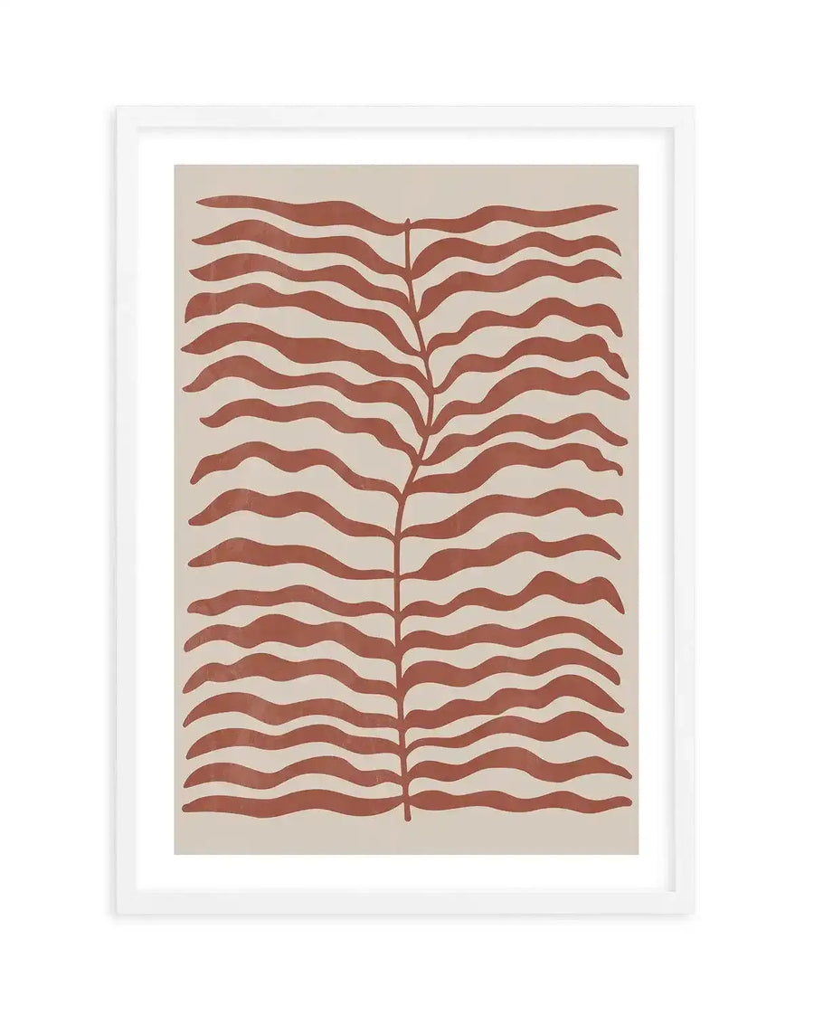 Abstract art print featuring a central vertical stem with numerous horizontal, wavy, leaf-like forms extending outwards in a reddish-brown hue against a light beige background, displayed in a white frame with white border.