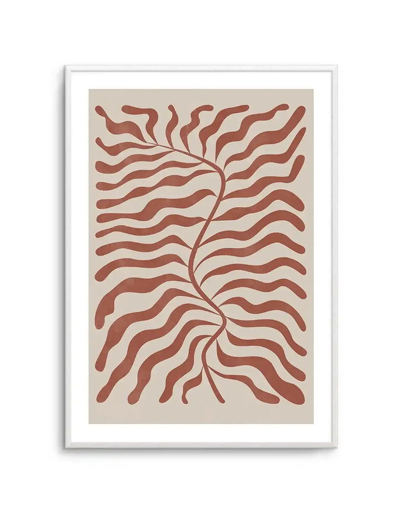 Abstract art print featuring a central, winding, organic stem-like shape in a deep red-brown, from which numerous wavy, horizontal, leaf-like forms extend outwards, filling the frame. The shapes are solid and opaque against a light beige background, creating a minimalist and organic composition. The print is displayed in a white frame with a white border.