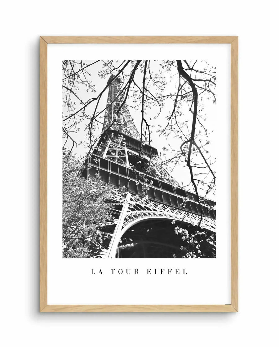Black and white art print titled "La Tour Eiffel" displayed in a natural wood frame with white border. The photograph shows an upward view of the Eiffel Tower framed by bare tree branches with delicate foliage, creating an artistic composition that emphasizes the tower's geometric iron structure and height. The high-contrast black and white photography style enhances the architectural details and creates a classic, timeless aesthetic.