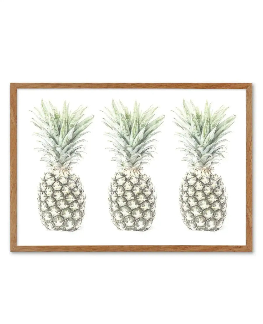 Framed art print featuring three pineapples arranged horizontally against a white background. Each pineapple is rendered in detailed botanical illustration style using muted green and cream tones, showing textured diamond-patterned skin and spiky leafy crowns. The artwork is displayed in a natural wood frame with a white border, presented in landscape orientation.