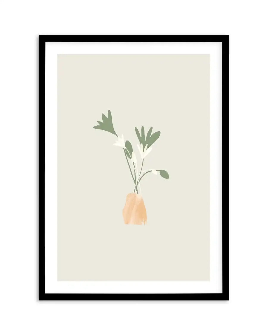 Minimalist art print featuring an abstract illustration of three white flowers with sage green leaves in a small, textured peach-orange vase, set against a pale grey background, displayed in a black frame with a white border.