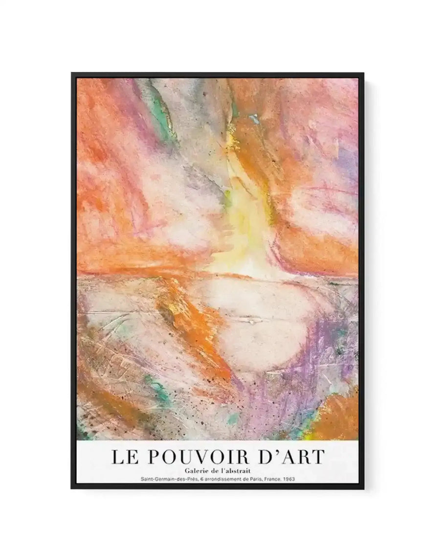 Framed canvas art print titled "Le Pouvoir D'art" featuring an abstract watercolor composition in soft peachy-orange, dusty rose, pale yellow, sage green, and lavender tones. The flowing, layered watercolor washes create an ethereal landscape-like effect with subtle color bleeding and organic movement throughout. A black frame surrounds the artwork with a white border at the bottom containing the gallery title and Paris location text from 1963.