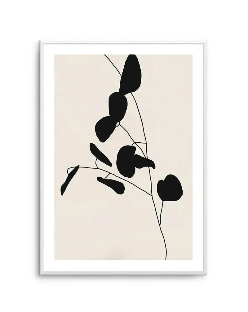 Art print featuring a minimalist illustration of a plant stem with several abstract, organic-shaped leaves in solid black against a warm cream background, displayed in a white frame with white border.