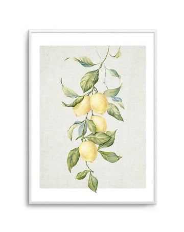 Watercolour art print featuring a vertical branch of lemons and leaves on a textured cream background, displayed in a white frame with white border. The branch extends from the top right, with five ripe yellow lemons hanging amongst green leaves with subtle blue and brown undertones. The background has a visible linen-like texture.
