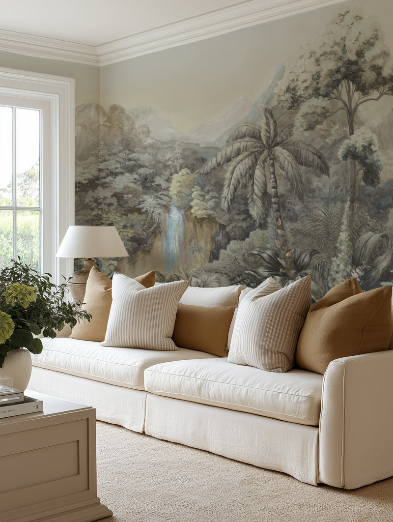 Les Jardin Panoramic Painted Mural Wallpaper from Olive et Oriel where you can shop wallpaper and artworks online