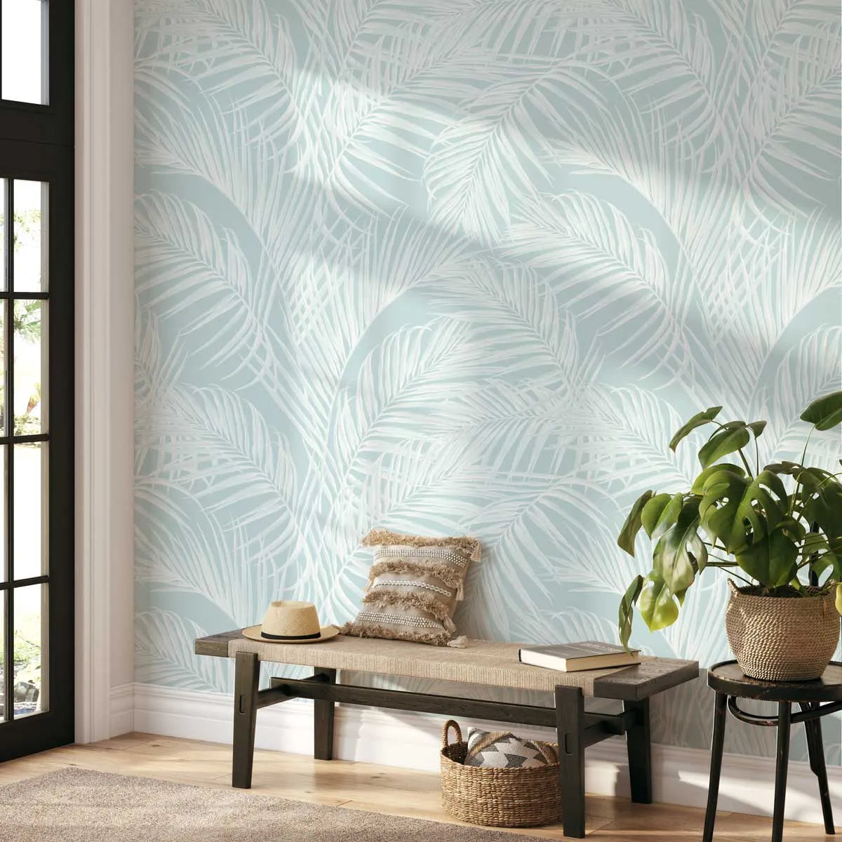 Palm Escape Light Teal Wallpaper from Olive et Oriel where you can shop wallpaper and artworks online