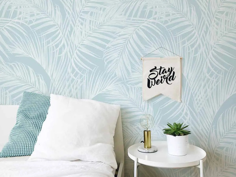 Palm Escape Light Teal Wallpaper from Olive et Oriel where you can shop wallpaper and artworks online