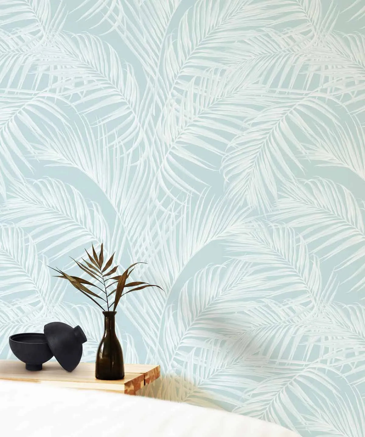 Palm Escape Light Teal Wallpaper from Olive et Oriel where you can shop wallpaper and artworks online