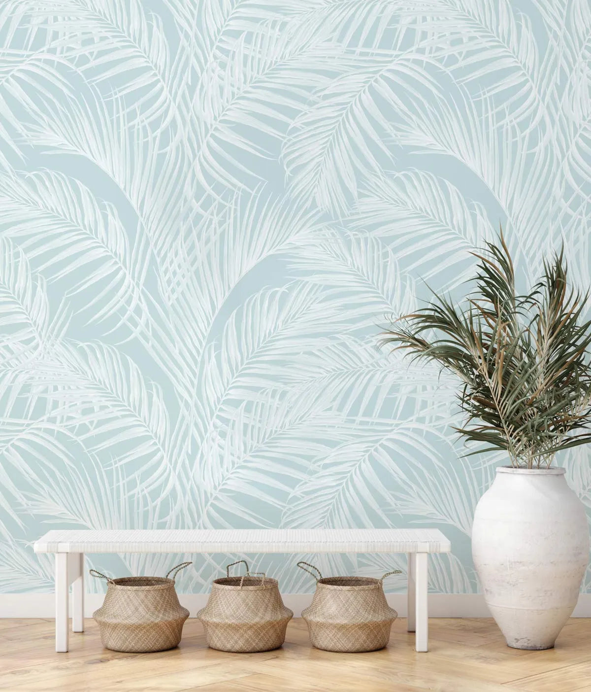 Palm Escape Light Teal Wallpaper from Olive et Oriel where you can shop wallpaper and artworks online