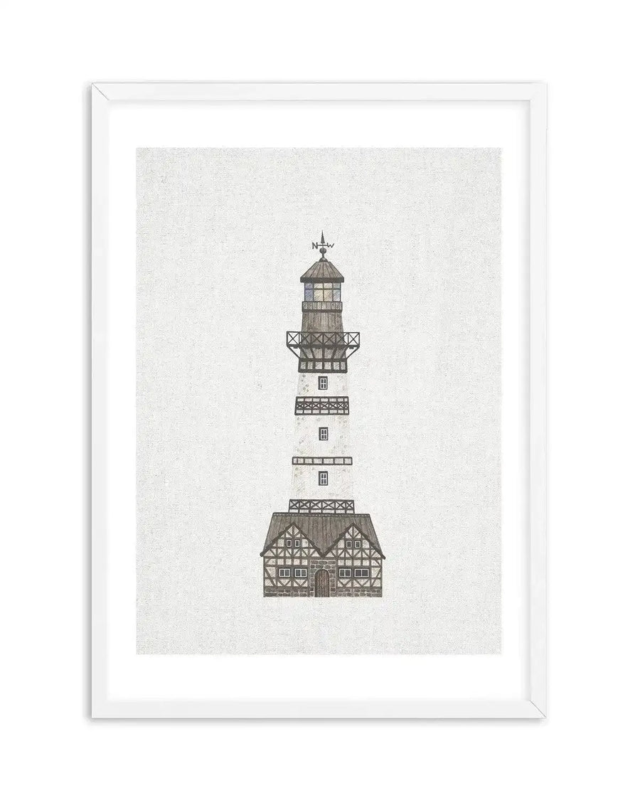 Watercolour art print featuring a tall, narrow lighthouse with a dark brown roof and a weather vane on top, set against a textured, light grey background. The lighthouse has a white base with dark brown timber framing, small square windows, and a dark brown, cross-hatched balcony. The print is displayed in a white frame with a white border.