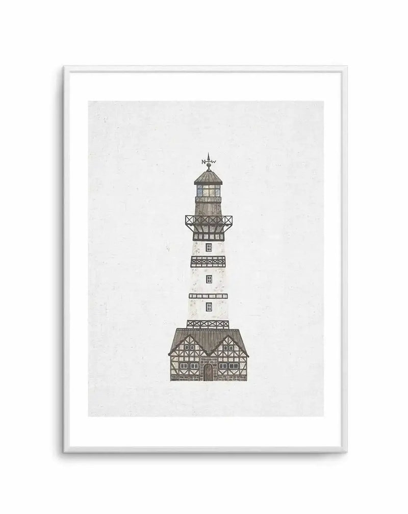 Art print featuring an illustration of a tall, slender lighthouse with a white base and a dark brown, timber-framed top section, set against a textured white background. The lighthouse has a weather vane with "N" and "W" on its peak, and a small, dark-roofed building with timber framing at its base. The print is displayed in a white frame with a white border.