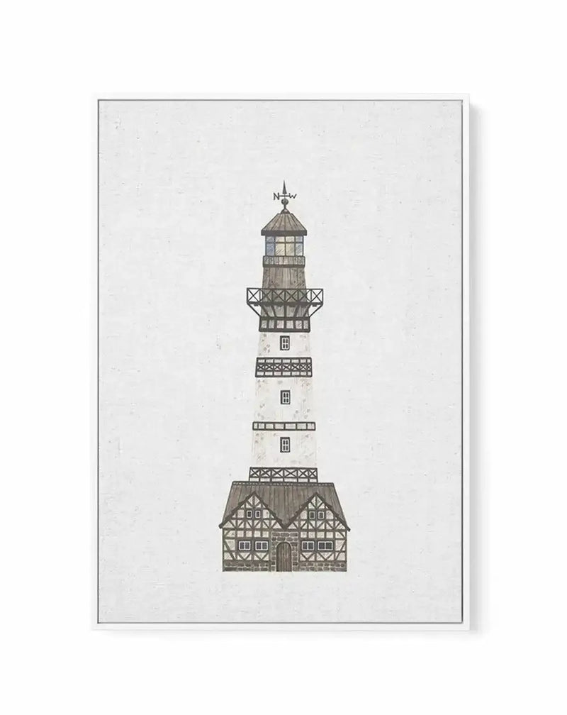 Framed canvas art print featuring a stylized illustration of a lighthouse with a half-timbered base, rendered in a muted palette of greys, browns, and creams on a textured white background. The lighthouse has a weather vane on top pointing N-W, and the base features small windows and door details.