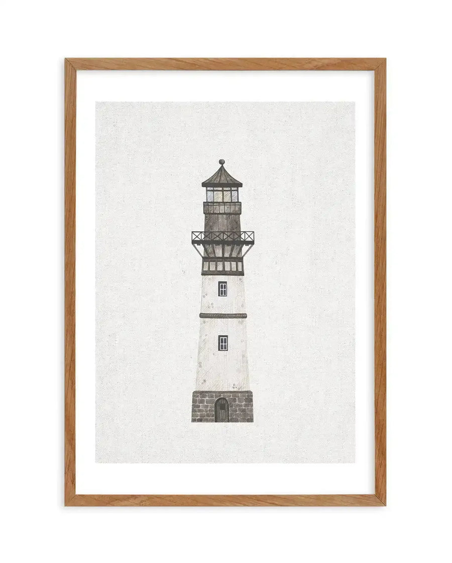 Watercolour art print featuring a tall, slender lighthouse with a white base and a dark grey top section, displayed in a natural oak frame with white border. The lighthouse has a stone foundation with an arched doorway, two small rectangular windows on the white section, and a dark grey lantern room with a conical roof. The background is a textured, light cream colour, giving the impression of linen or canvas.