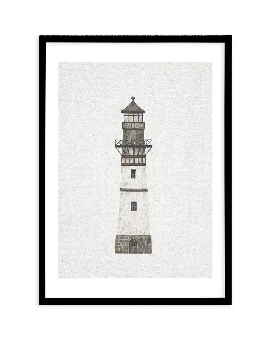 Watercolour art print featuring a tall, slender lighthouse with a white base and a dark grey stone foundation, topped with a dark grey wooden lantern room and a pointed roof. The lighthouse has two small rectangular windows on its white section and a balcony with crisscross railings around the lantern room, all set against a textured off-white background, displayed in a black frame with white border.