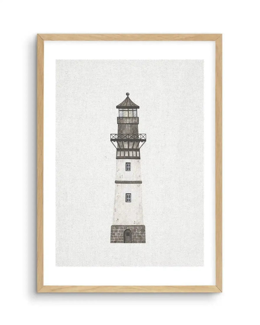 Watercolour art print featuring a tall, slender lighthouse in a muted palette of white, grey, and dark brown, printed on fine art paper and displayed in a natural oak frame with white border. The lighthouse has a stone base, two small windows, and a dark brown lantern room with a conical roof. The background is a textured cream, reminiscent of linen.