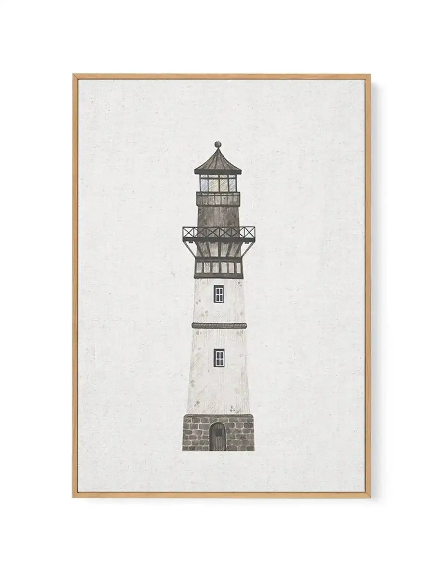 Framed canvas art print featuring a detailed illustration of a lighthouse with a natural linen textured background. The lighthouse has a stone base with an arched doorway, a white cylindrical tower with two small rectangular windows, a dark lantern room with railing at the top, and a peaked roof with a finial. The illustration is rendered in grayscale with fine line work and shading. The canvas is housed in a natural wood frame with a white border, displayed against a neutral background.