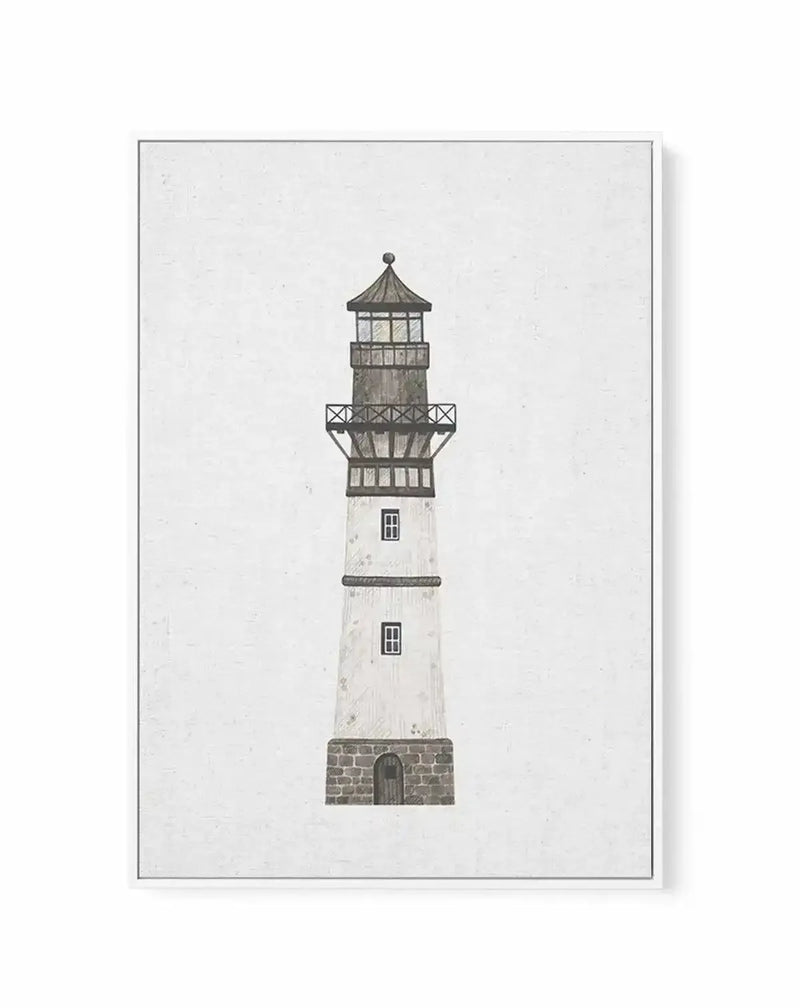 Framed canvas art print featuring a detailed illustration of a lighthouse centered on a cream linen background. The lighthouse has a dark stone base with an arched entrance, a white cylindrical tower with two small rectangular windows, a dark band at the middle, and an ornate dark lantern room at the top with a domed roof and finial. The illustration uses pen and ink style with gray and black tones. The canvas is mounted in a simple gray frame with white border, displayed against a white background.