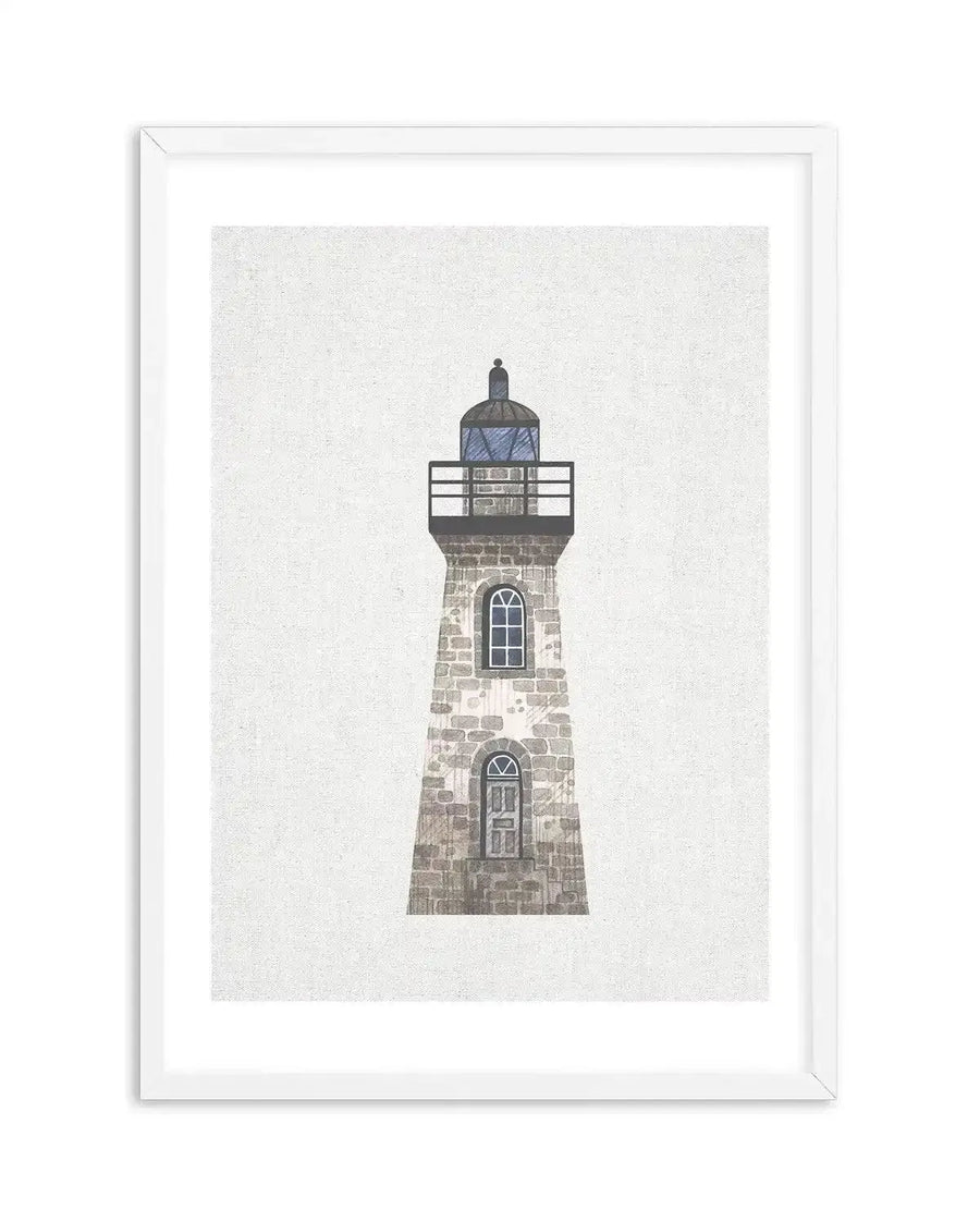 Watercolour art print featuring a tall, narrow lighthouse made of grey stone blocks with a dark grey dome and a blue-tinted glass lantern room, displayed in a white frame with a white border. The lighthouse has two arched windows and an arched door, all in a dark grey colour, and is set against a textured, light grey background.
