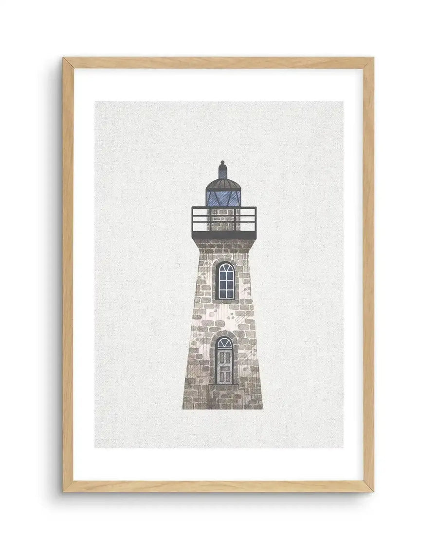 Watercolour art print featuring a stone lighthouse with a dark grey lantern room and blue glass, printed on fine art paper and displayed in a natural oak frame with white border.