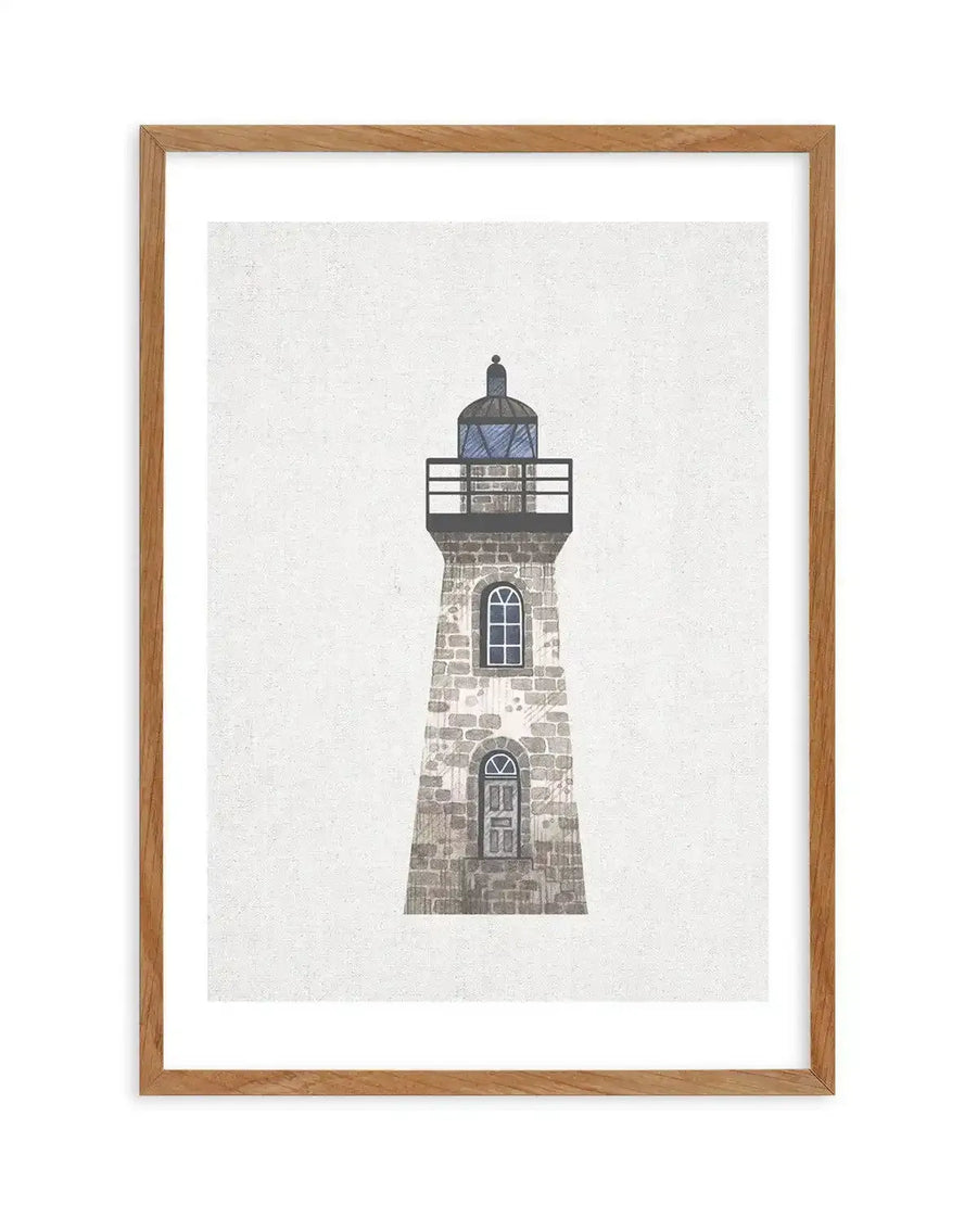 Watercolour art print featuring a tall, slender lighthouse made of grey stone blocks with a dark blue lantern room and a small finial on top, printed on fine art paper and displayed in a natural oak frame with white border.