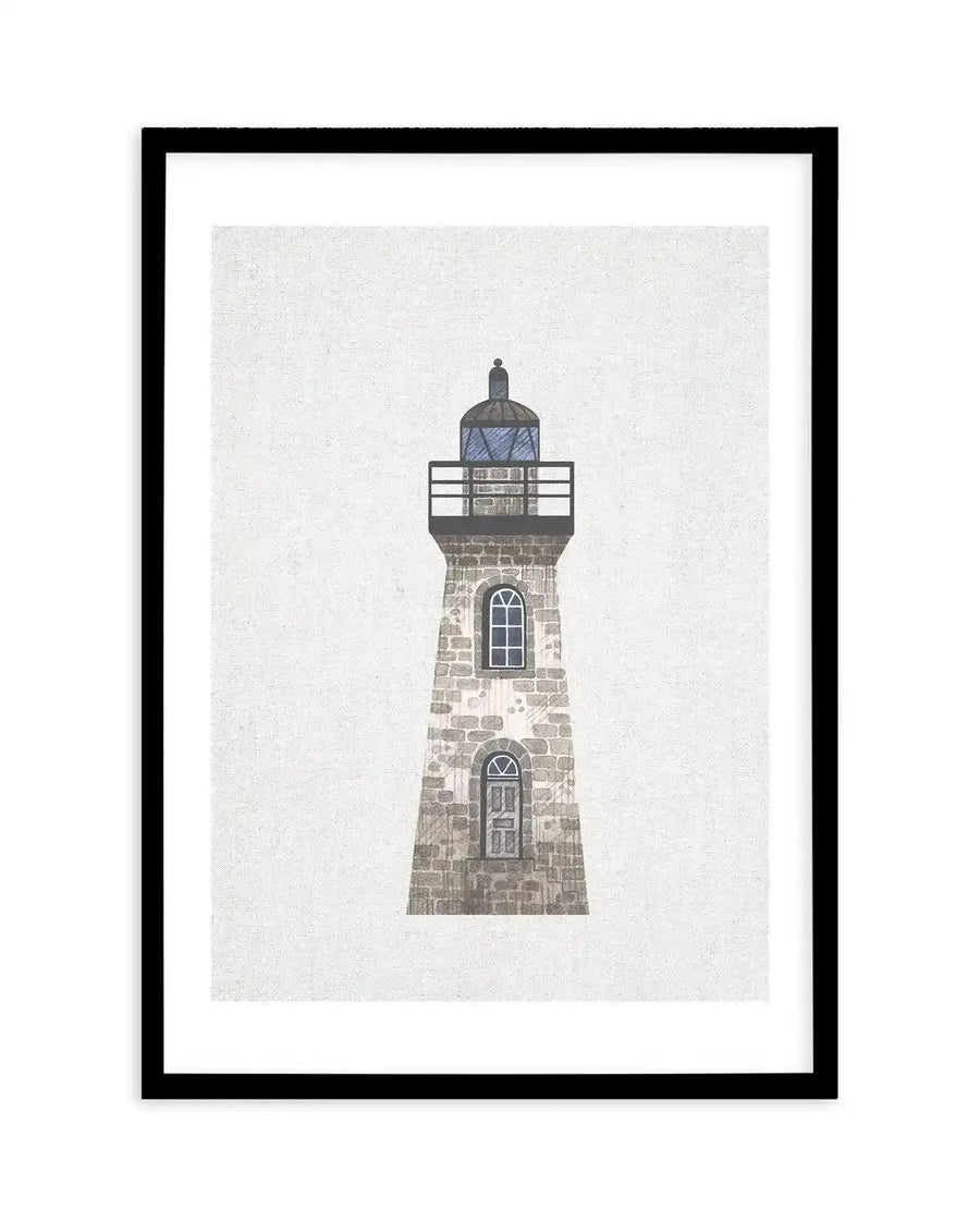 Watercolour art print featuring a grey stone lighthouse with a dark blue domed top and a black railing, set against a textured white background, displayed in a black frame with a white border.