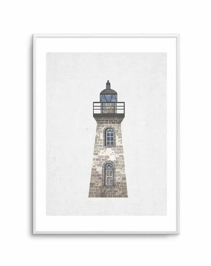 Watercolour art print featuring a tall, narrow lighthouse made of grey stone blocks with a dark blue domed top and a black railing around the lantern room. The lighthouse has two arched windows, one above the other, with white frames and dark blue panes, set against a textured white background, displayed in a white frame with a white border.