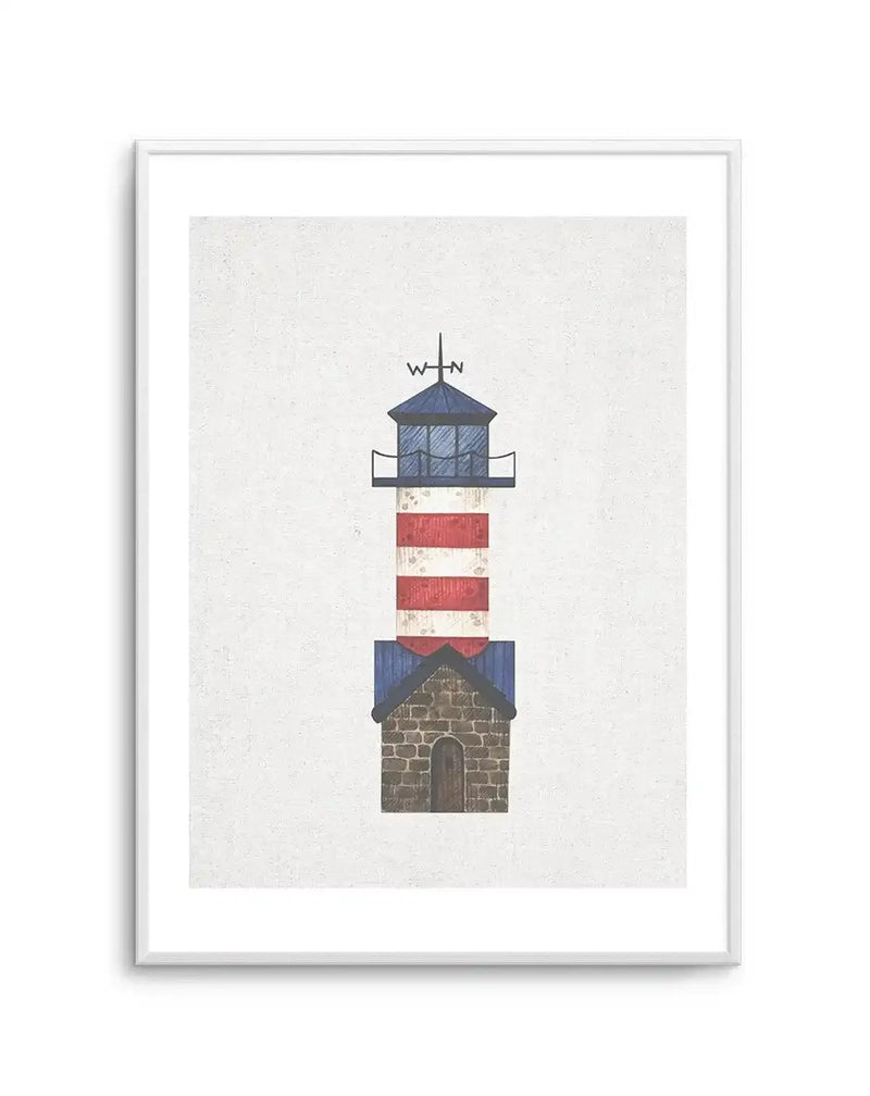 Watercolour art print featuring a stylized lighthouse with a red and white striped tower, a blue roof, and a stone base with a brown door, topped with a weather vane showing "W" and "N", printed on fine art paper and displayed in a white frame with white border.