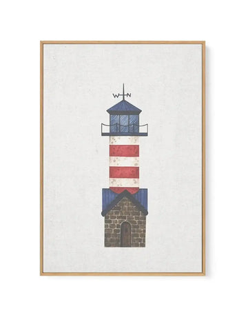 Framed canvas art print featuring an illustrated lighthouse with a compass rose at its peak. The composition shows a stone base with an arched doorway, topped with navy blue sections, two horizontal red and white striped bands, a gray lantern room with blue-tinted glass panes, and a dark blue conical roof. The artwork has a muted, textured appearance on natural linen-colored background. Natural wood frame with white border around the print.