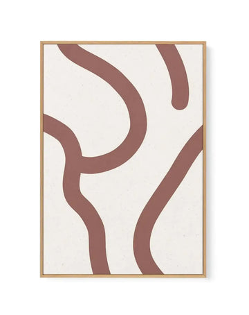 Framed canvas art print featuring abstract flowing lines in muted mauve-brown against a cream background. Two undulating curved stripes move vertically through the composition, creating organic, organic wave-like patterns. The design has a minimalist aesthetic with smooth, continuous lines. The canvas is housed in a natural wood frame with a thin border, displayed against a white background.