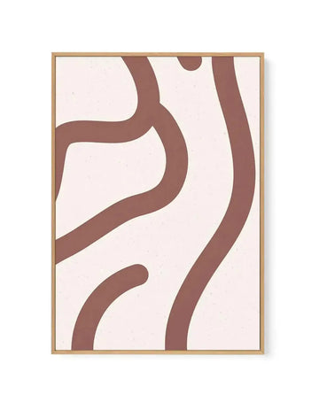 Framed canvas art print titled "Lignes de Pliage III" featuring abstract flowing lines in warm terracotta brown against a soft cream background. The composition shows organic, curved bands that weave and intersect vertically across the canvas, creating a rhythmic, minimalist design. The artwork is mounted in a natural wood frame with a white border, presented as a vertical rectangle.