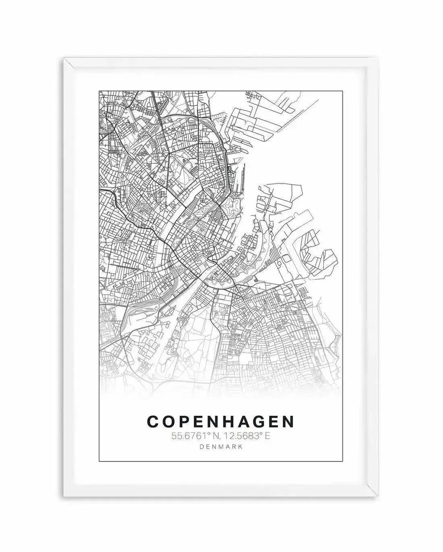Line art map print of Copenhagen, Denmark, featuring a detailed street and waterway network in black lines on a white background, displayed in a white frame with white border. The map includes the city's coordinates: 55.6761° N, 12.5683° E.